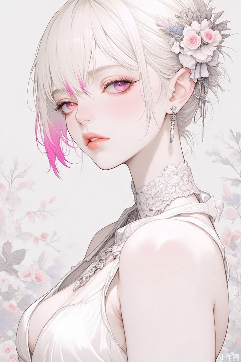 The image is a digital illustration of a young woman with blonde hair and pink highlights
She is wearing a white dress with a choker necklace and earrings
Her hair is styled in a messy updo with a flower crown on top
She has a serious expression on her face and is looking off to the side
The background is blurred, but it appears to be a forest or park with trees and foliage
The overall mood of the image is dark and mysterious.