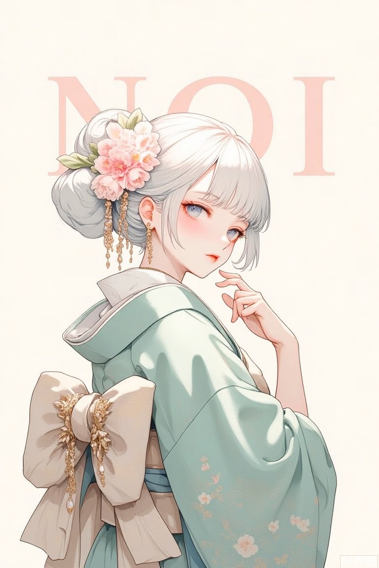 The image is a digital illustration of a young woman with white hair and pink flowers in her hair
She is wearing a traditional Japanese kimono with a blue and green color scheme
The woman has a large bow on her head and is holding a pair of earrings in her right hand
She has a serious expression on her face and is looking off to the side
The background is a light beige color with the word "NOI" written in a cursive font
The overall style of the illustration is elegant and feminine.