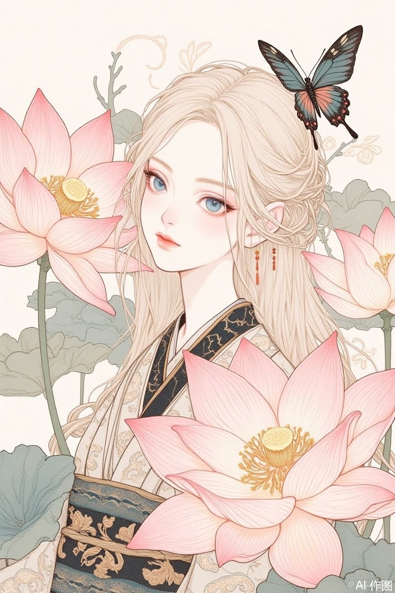 The image is an illustration of a young woman with blonde hair and blue eyes
She is wearing a traditional Japanese kimono with intricate patterns and designs
The woman is standing in front of a background of large pink lotus flowers and green leaves
There is also a black butterfly perched on her shoulder
The overall mood of the image is peaceful and serene.