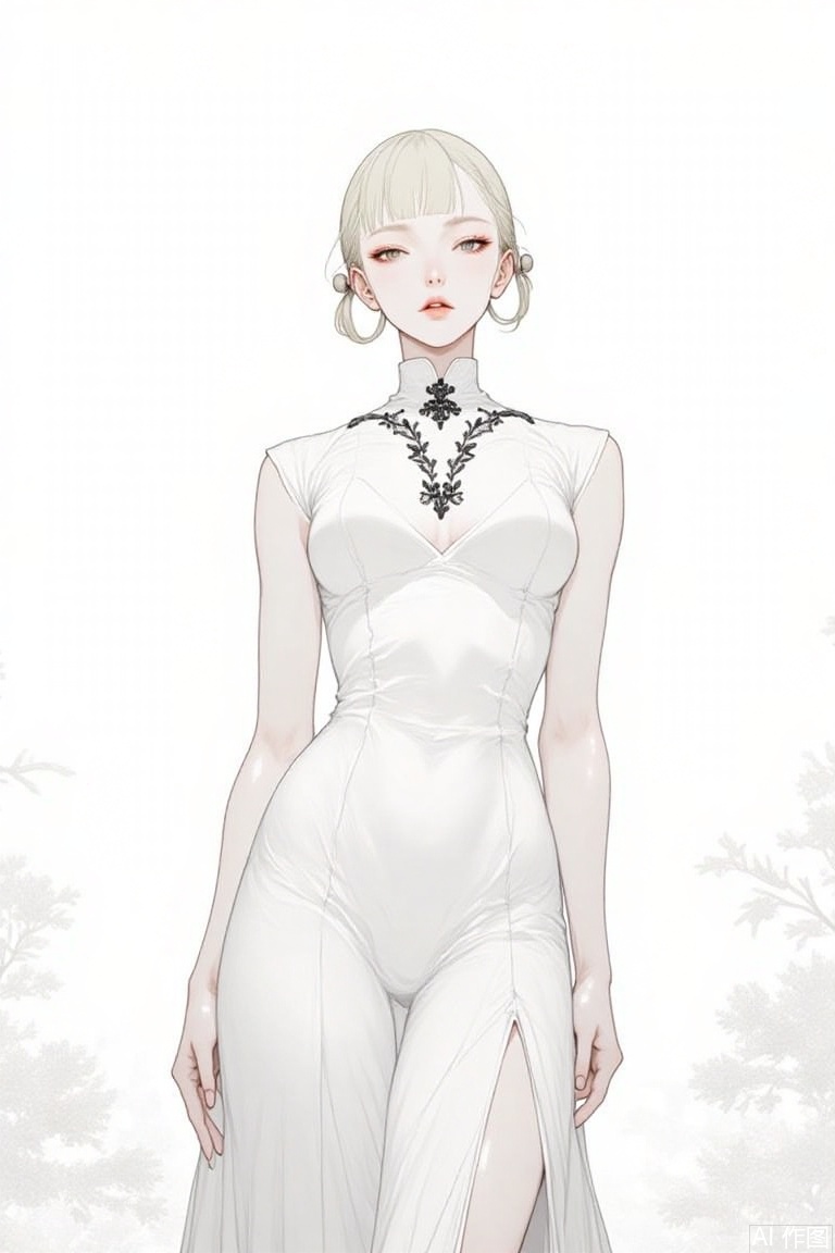 The image is a digital illustration of a young woman with short blonde hair styled in two pigtails
She is wearing a white dress with black lace detailing on the bodice and skirt
The dress has a high neckline and long sleeves
The woman is standing in front of a white background with trees and bushes in the background
She has a serious expression on her face and is looking off to the side
The overall mood of the image is dark and mysterious.