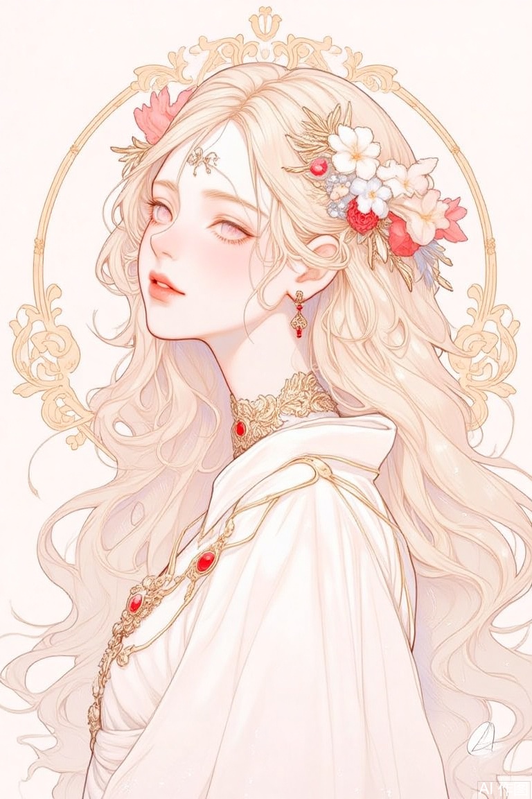 The image is a digital illustration of a young woman with long, flowing hair
She is wearing a white dress with a gold necklace and earrings
Her hair is styled in loose curls and cascades down her back. The woman's face is turned to the side, with her eyes closed and a peaceful expression on her lips
She has a crown of flowers on her head, which is intricately designed with gold and red jewels
The crown is surrounded by a circular frame with a floral pattern
The background is a pale pink color, and the overall mood of the image is dreamy and ethereal.