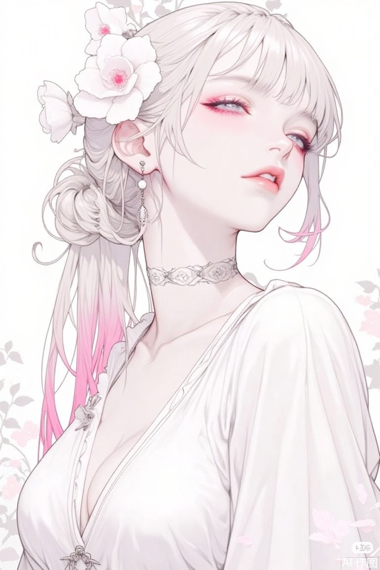 The image is a digital illustration of a young woman with blonde hair and pink highlights
She is wearing a white dress with a choker necklace and earrings
Her hair is styled in a messy updo with a flower crown on top
She has a serious expression on her face and is looking off to the side
The background is blurred, but it appears to be a forest or park with trees and foliage
The overall mood of the image is dark and mysterious.
