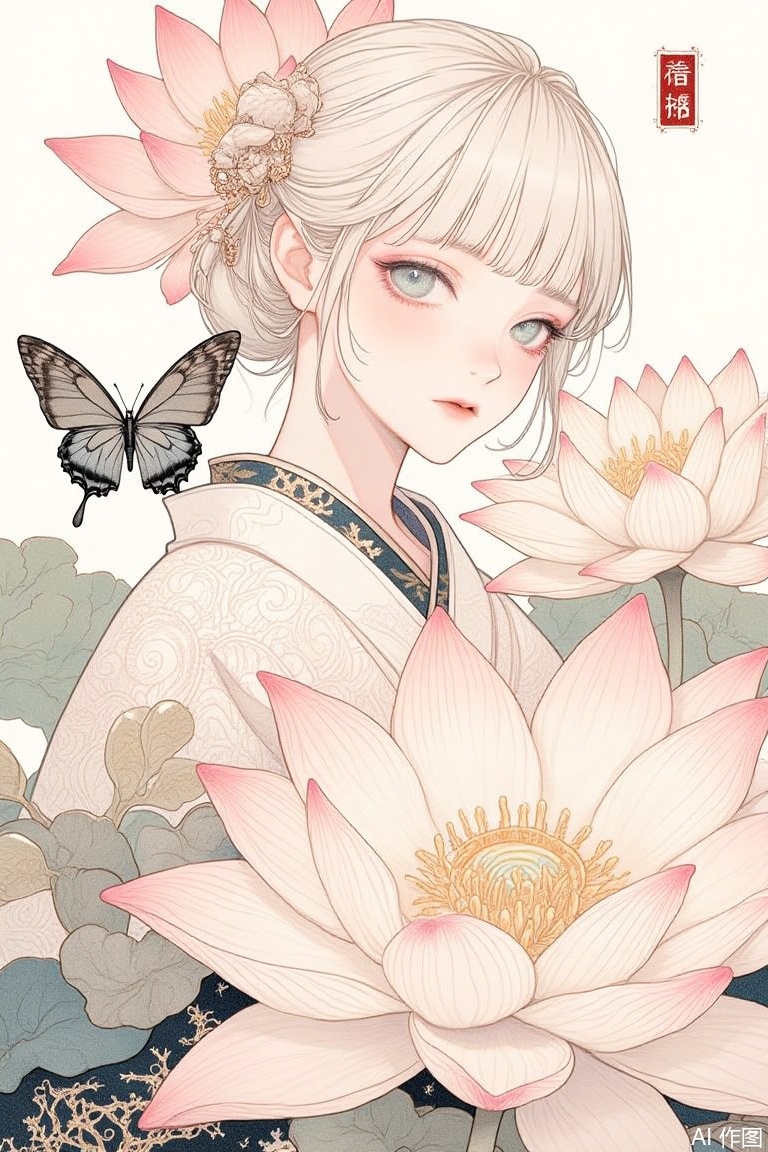 The image is an illustration of a young woman with blonde hair and blue eyes
She is wearing a traditional Japanese kimono with intricate patterns and designs
The woman is standing in front of a background of large pink lotus flowers and green leaves
There is also a black butterfly perched on her shoulder
The overall mood of the image is peaceful and serene.