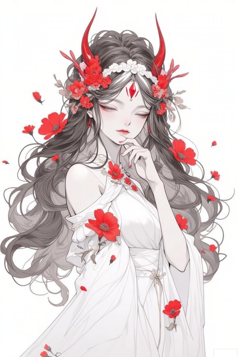 The image is a digital illustration of a young woman with long, flowing hair
She is wearing a white dress with red flowers and black feathers on her head
Her hair is styled in loose waves and cascades down her back
She has red horns on her forehead and her eyes are closed, as if she is deep in thought
The background is white, and there are red flowers scattered around her
The overall mood of the image is peaceful and serene.