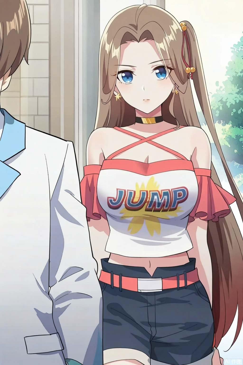 1girl, long hair, breasts, looking at viewer, blue eyes, large breasts, brown hair, shirt, navel, cleavage, bare shoulders, jewelry, very long hair, white shirt, earrings, shorts, choker, midriff, belt, masterpiece,best quality,official art,extremely detailed CG unity 8k wallpaper,
Random scene,upper body,looking at viewer,