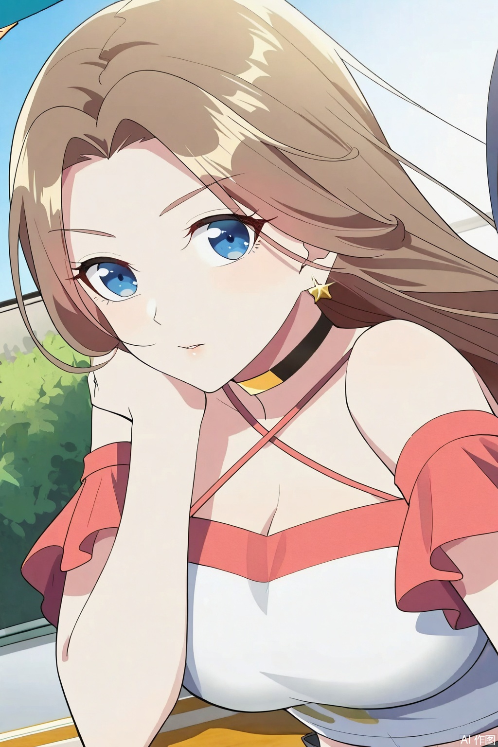 1girl, long hair, breasts, looking at viewer, blue eyes, large breasts, brown hair, shirt, navel, cleavage, bare shoulders, jewelry, very long hair, white shirt, earrings, shorts, choker, midriff, belt, masterpiece,best quality,official art,extremely detailed CG unity 8k wallpaper,
Random scene,upper body,looking at viewer,