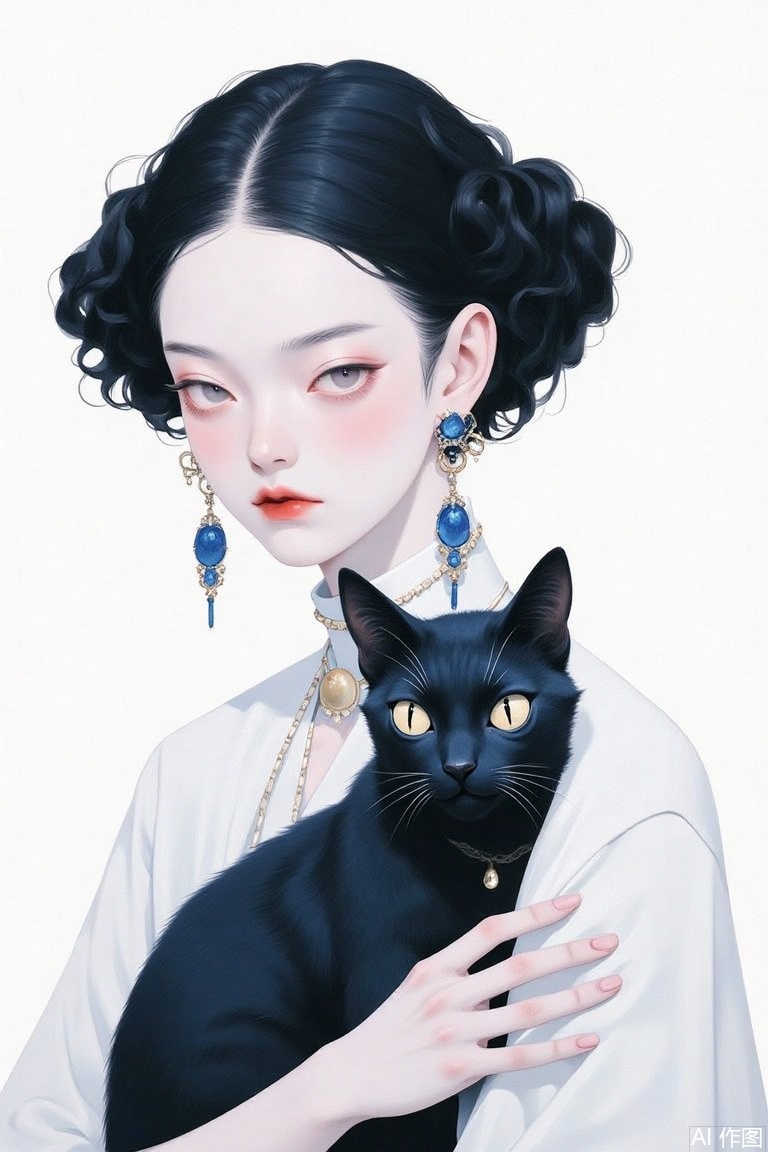 The image is a digital illustration of a young woman with dark hair styled in an updo
She is wearing a white dress with blue and gold jewelry, including a necklace and earrings
The woman has a serious expression on her face and is holding a black cat in her arms
The cat is looking directly at the camera with its eyes wide open
The background is white, making the woman and the cat the focal point of the image.