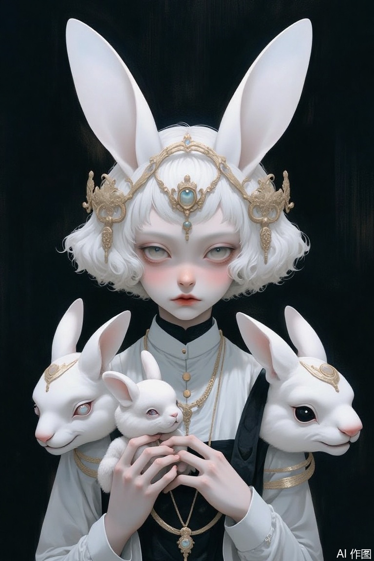 The image is a digital art piece that appears to be a portrait of a young girl with white hair and a crown on her head
She is wearing a black and white outfit with a gold necklace and earrings
The girl has a serious expression on her face and is holding a small white rabbit in her hands
Behind her, there are three white rabbits with gold accents on their heads
The background is black, making the girl and the rabbits stand out
The overall mood of the image is dark and mysterious.
