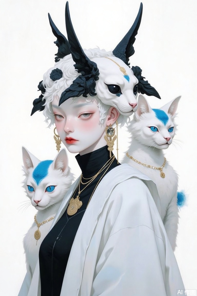 The image is a digital art piece that appears to be a portrait of a young woman with a unique and artistic design
She is wearing a black and white outfit with a large headpiece that resembles a cat's head
The headpiece is made up of two large black horns with gold accents on the top and bottom
The horns are curved and pointed, and the woman's face is painted white with black makeup
She has a serious expression on her face and is looking off to the side. In front of her, there are two smaller white cats with blue fur on their heads
The cats are also wearing gold earrings and chains around their necks
The background is a plain white, making the woman and the cats the focal point of the image
The overall mood of the piece is dark and mysterious.
