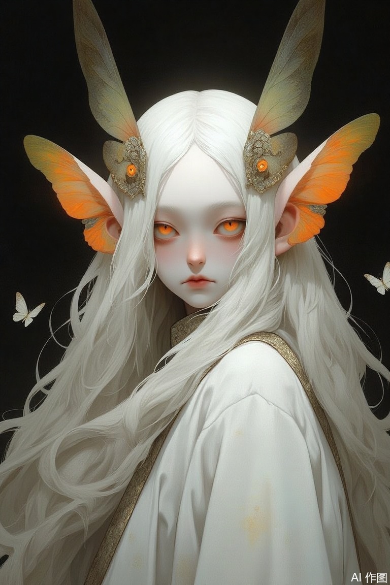 The image is a digital art piece that appears to be a portrait of a young woman with long white hair and orange eyes
She is wearing a white dress with a high neckline and long sleeves
Her hair is styled in loose waves and cascades down her back
On her head, there are two large orange and yellow butterfly wings that are attached to her head
The wings have intricate designs on them and are slightly tilted to the side
The background is dark and there are a few small white butterflies scattered around the woman
The overall mood of the image is mysterious and ethereal.