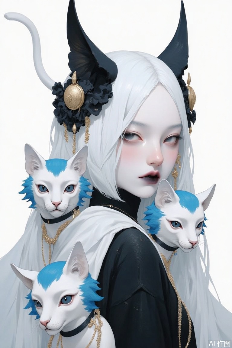 The image is a digital art piece that appears to be a portrait of a young woman with a unique and artistic design
She is wearing a black and white outfit with a large headpiece that resembles a cat's head
The headpiece is made up of two large black horns with gold accents on the top and bottom
The horns are curved and pointed, and the woman's face is painted white with black makeup
She has a serious expression on her face and is looking off to the side. In front of her, there are two smaller white cats with blue fur on their heads
The cats are also wearing gold earrings and chains around their necks
The background is a plain white, making the woman and the cats the focal point of the image
The overall mood of the piece is dark and mysterious.