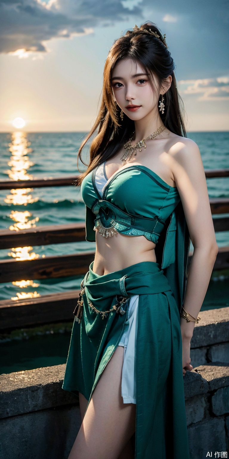 best quality, masterpiece, realistic,cowboy_shot,(Good structure), DSLR Quality,Depth of field,kind smile,looking_at_viewer,Dynamic pose, 
1girl, solo, long hair, , looking at viewer, skirt, hair ornament, bare shoulders, jewelry, , earrings, outdoors, midriff, water, necklace, lips, crop top, leaning forward, ocean, white skirt, strapless vest, sunset, sun,mupeiling
