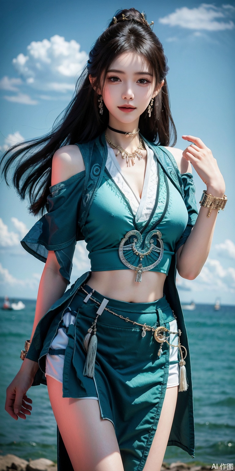 best quality, masterpiece, realistic,cowboy_shot,(Good structure), DSLR Quality,Depth of field,kind smile,looking_at_viewer,Dynamic pose, ,Short skirt,Blue sky, white clouds, ocean, nai3, 1girl, solo, crop top, , choker, navel, shirt, midriff, crop top overhang, looking at viewer, white shirt, jewelry, breasts, bare shoulders, off-shoulder shirt, off shoulder, black choker, thighs, stomach, long hair, bracelet, short sleeves, ribbon, hand up, collarbone, hair ribbon, medium breasts, , , hair ornament, thigh gap, necklace, expressionless,mupeiling