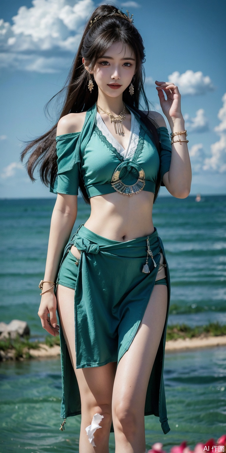 best quality, masterpiece, realistic,cowboy_shot,(Good structure), DSLR Quality,Depth of field,kind smile,looking_at_viewer,Dynamic pose, ,Short skirt,Blue sky, white clouds, ocean, nai3, 1girl, solo, crop top, , choker, navel, shirt, midriff, crop top overhang, looking at viewer, white shirt, jewelry, breasts, bare shoulders, off-shoulder shirt, off shoulder, black choker, thighs, stomach, long hair, bracelet, short sleeves, ribbon, hand up, collarbone, hair ribbon, medium breasts, , , hair ornament, thigh gap, necklace, expressionless,mupeiling