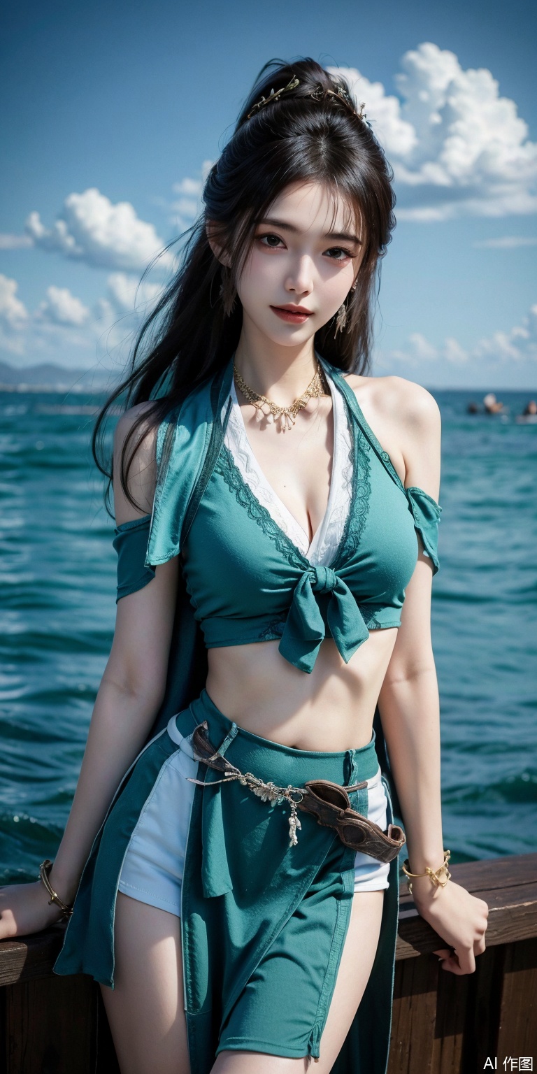 best quality, masterpiece, realistic,cowboy_shot,(Good structure), DSLR Quality,Depth of field,kind smile,looking_at_viewer,Dynamic pose, ,Short skirt,Blue sky, white clouds, ocean, nai3, 1girl, solo, crop top, , choker, navel, shirt, midriff, crop top overhang, looking at viewer, white shirt, jewelry, breasts, bare shoulders, off-shoulder shirt, off shoulder, black choker, thighs, stomach, long hair, bracelet, short sleeves, ribbon, hand up, collarbone, hair ribbon, medium breasts, , , hair ornament, thigh gap, necklace, expressionless,mupeiling