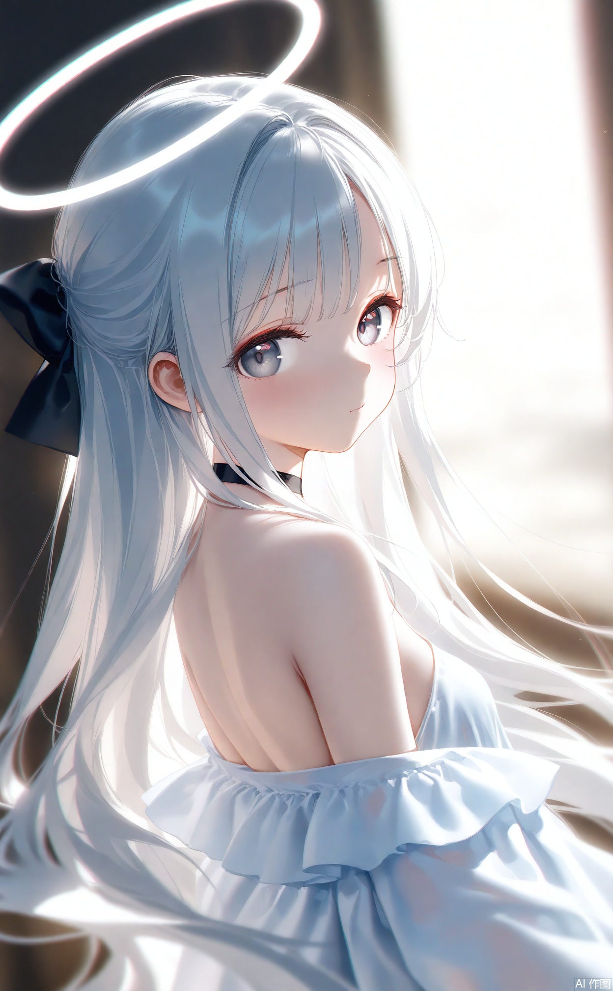 masterpiece,very aware,highres,absurdres,newest,best quality,loli,petite,high quality,chromatic_aberration,cinematic_angle,dutch angle, nyalia, //,artist:ciloranko,artist:ningen_mame,artist:sho_(sho_lwlw),artist:rhasta,artist:wlop,artist:ke-ta,artist:hiten \(hitenkei\),//,1girl, solo, long hair, breasts, looking at viewer, blush, bangs, dress, bow, bare shoulders, very long hair, closed mouth, upper body, white hair, hair bow, small breasts, choker, looking back, off shoulder, white dress, from side, looking to the side, grey eyes, black bow, black choker, halo,