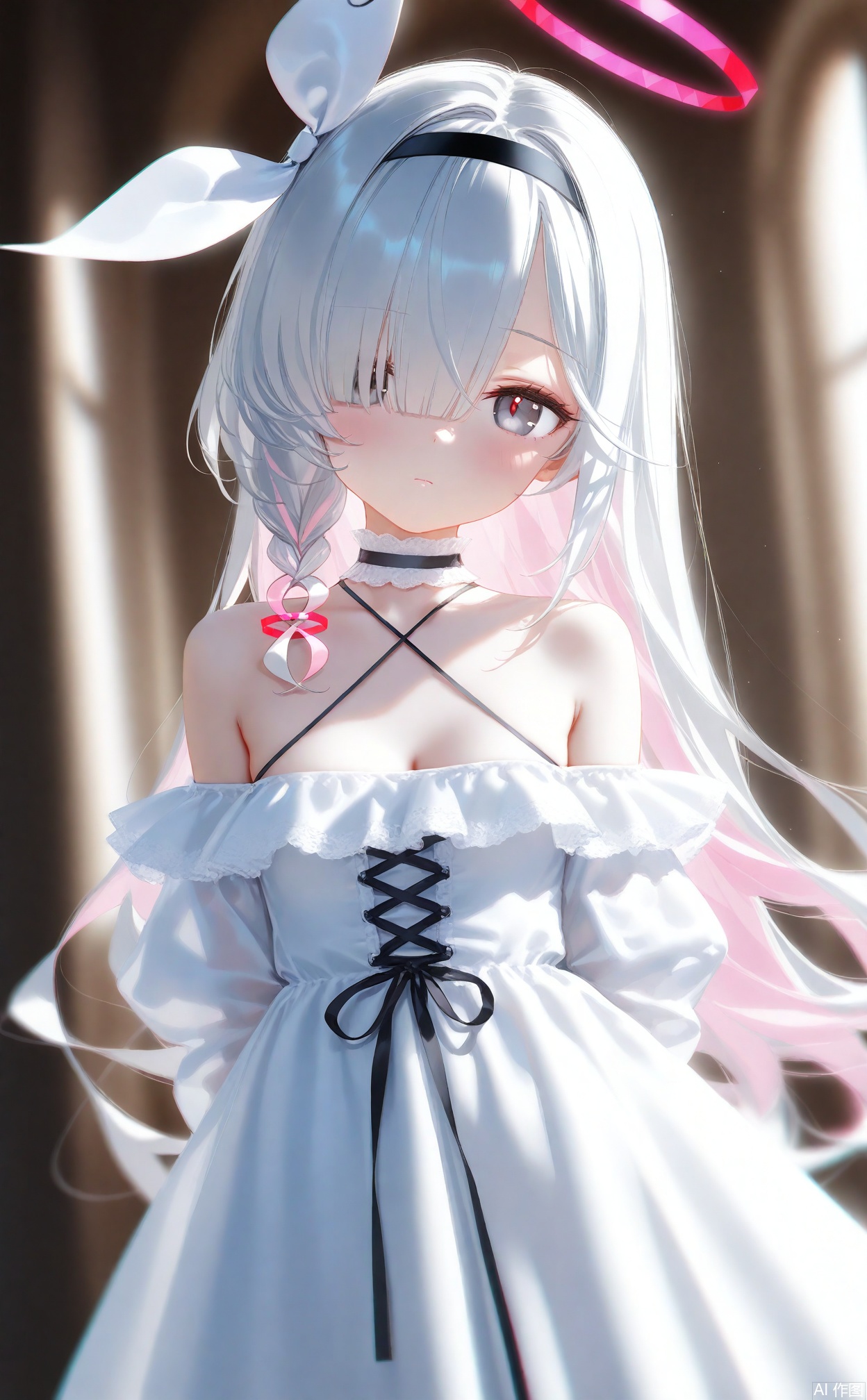 masterpiece,very aware,highres,absurdres,newest,best quality,loli,loli,loli,loli,loli,petite,high quality,chromatic_aberration,cinematic_angle,dutch angle, nyalia, //,artist:ciloranko,artist:ningen_mame,artist:sho_(sho_lwlw),artist:rhasta,artist:wlop,artist:ke-ta,artist:hiten \(hitenkei\),//, nyalia, 1girl, plana (blue archive), white dress, dress, solo, halo, off-shoulder dress, hairband, breasts, black hairband, long hair, white choker, single braid, criss-cross halter, hair over one eye, braid, pink hair, off shoulder, black eyes, halterneck, alternate costume, closed mouth, choker, white hair, multicolored hair, red pupils, small breasts, blush, ribbon, bare shoulders, cleavage, side braid, red halo, looking at viewer, white ribbon, cross-laced clothes, blurry, blurry background, hair ribbon, frills, halter dress, upper body, arms behind back, colored inner hair, cross-laced dress, pink halo, collarbone, frilled dress, lace trim, two-tone hair, long sleeves, bow, white bow, puffy sleeves, frilled choker, blue pupils, depth of field, lace-trimmed dress, grey eyes, very long hair, pink pupils, black ribbon, backlighting, lace choker, cowboy shot, black choker, expressionless, grey hair, hair ornament, medium breasts, hair bow, blunt bangs, lace, indoors, standing, short sleeves, arona (blue archive), bow hairband, mismatched pupils, wavy hair