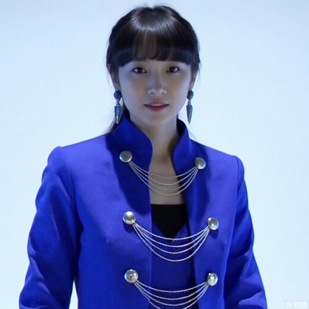 masterpiece, best quality,solo,((white background:1.2)),simple background,
looking at viewer,1girl,female focus,black hair,realistic,collarbone,ornament,jacket,dress,blue dress,kneehighs,earrings,chain-link,jewelry,blue jacket,blue coat,uniform,,necklace,skirt,white gloves