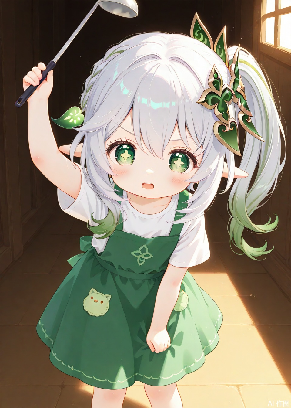 loli,petite,cute,kawai,little girl,little kid,underage,aged_down,aged_down,aged_down,child,loli,loli,lolimasterpiece,best quality,high quality,loli,chromatic_aberration,cxshadow,
//,
1girl,solo,elf girls,pointy_ears, small breast,green eyes, symbol-shaped pupils, cross-shaped pupils, white hair, green hair, bangs, hair ornament, gradient hair, side tonytail,braid,long dress,long skirt,nahida /(genshin impact/),nahida (genshin impact),nahida_(genshin_impact),indoors,standing,Lean forward,ladle, T-shirt, apron, angry, open mouth,holding,holding ladle,one arm up,The ladle is pointed at the audience.
//,
year_2023,year_2024,year_2025,