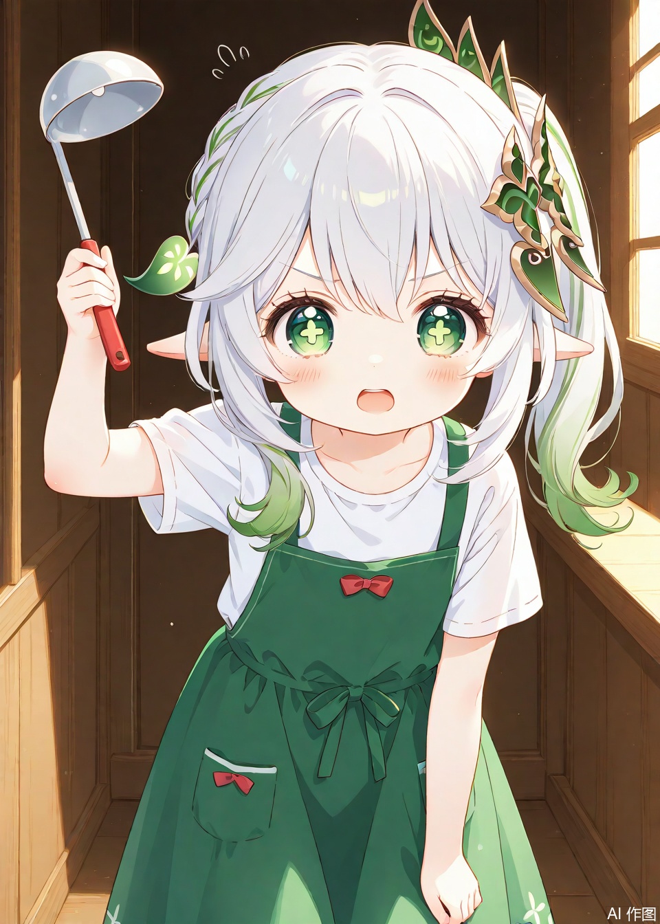loli,petite,cute,kawai,little girl,little kid,underage,aged_down,aged_down,aged_down,child,loli,loli,lolimasterpiece,best quality,high quality,loli,chromatic_aberration,cxshadow,
//,
1girl,solo,elf girls,pointy_ears, small breast,green eyes, symbol-shaped pupils, cross-shaped pupils, white hair, green hair, bangs, hair ornament, gradient hair, side tonytail,braid,long dress,long skirt,nahida /(genshin impact/),nahida (genshin impact),nahida_(genshin_impact),indoors,standing,Lean forward,ladle, T-shirt, apron, angry, open mouth,holding,holding ladle,one arm up,The ladle is pointed at the audience.
//,
year_2023,year_2024,year_2025,