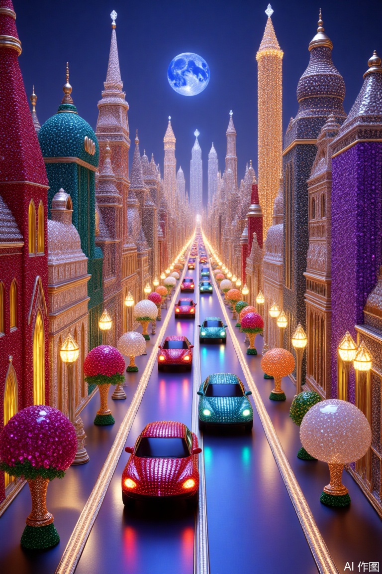city, car, street lights, street,A city made of jewels