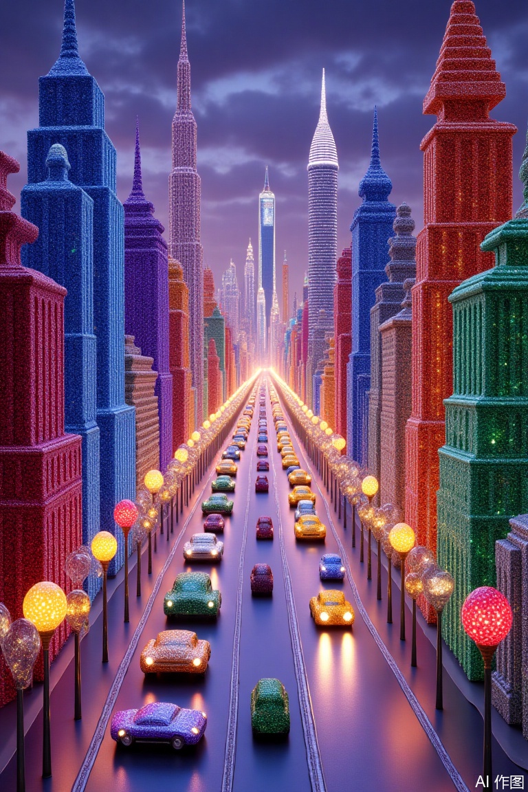 city, car, street lights, street,A city made of jewels