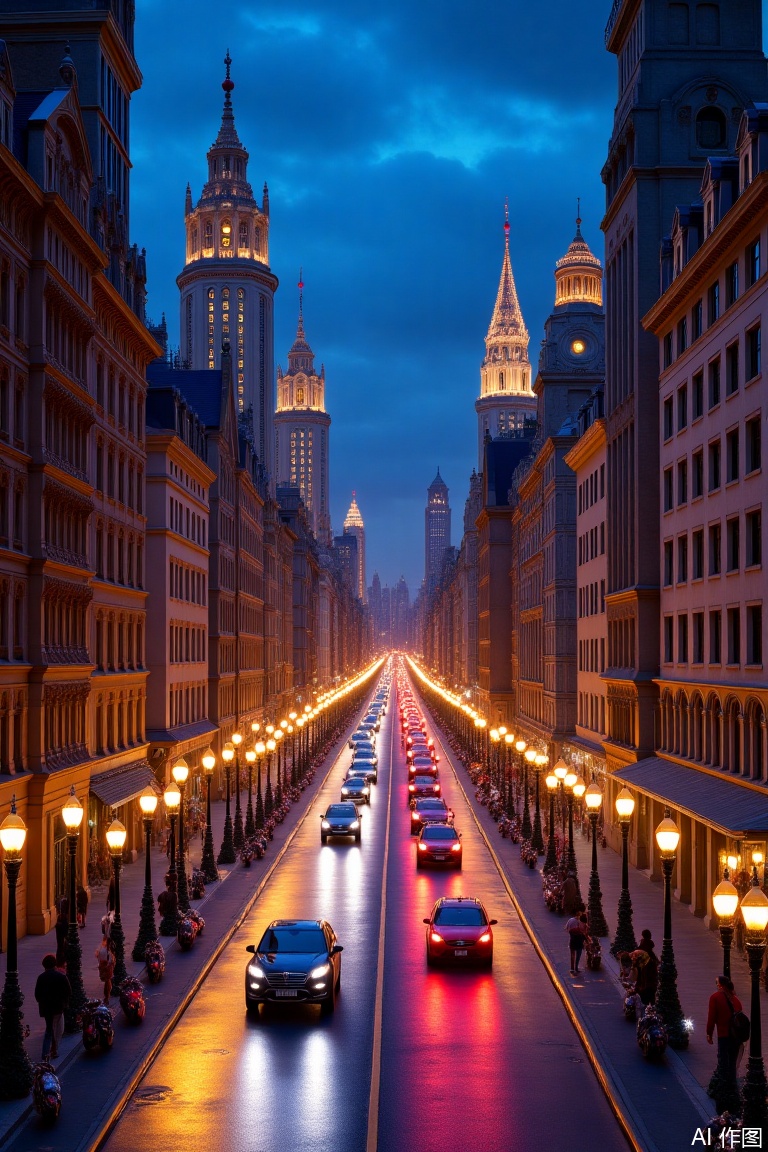city, car, street lights, street