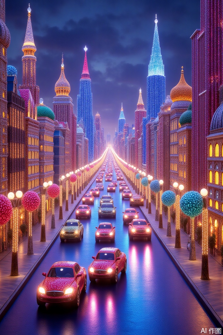 city, car, street lights, street,A city made of jewels