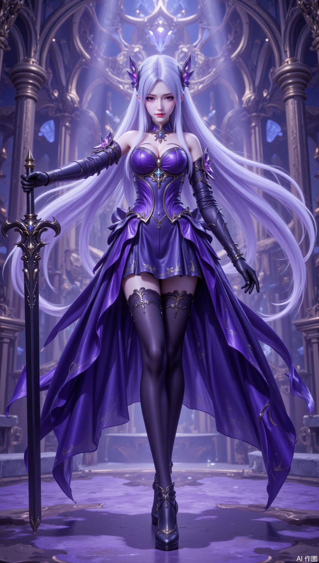 lvjing,1girl, weapon, sword, long hair, dress, thighhighs, purple dress, solo, holding weapon, gloves, hair ornament, holding sword, holding, black thighhighs, full body, breasts, purple eyes, looking at viewer, high heels, standing, black gloves, black footwear, parted lips, elbow gloves, bare shoulders, butterfly hair ornament, jewelry, off shoulder, indoors, very long hair, white hair, medium breasts,99,