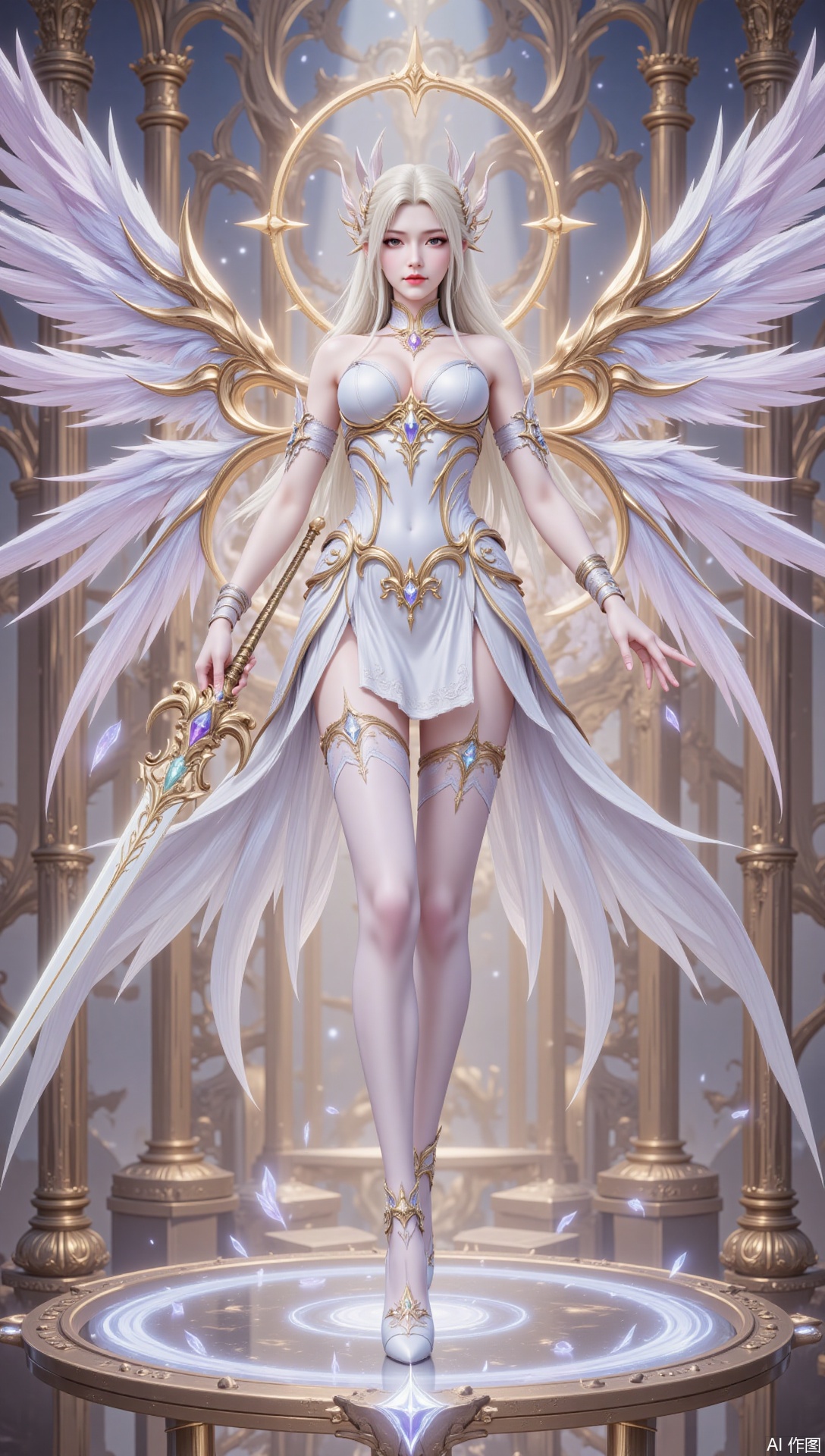 lvjing,1girl, weapon, wings, sword, solo, breasts, holding, angel wings, pillar, white dress, dress, holding weapon, holding sword, long hair, white hair, thighhighs, bare shoulders, blonde hair, angel, jewelry, feathered wings, halo, looking at viewer, armlet, white wings, large breasts, multiple wings, bracelet,12