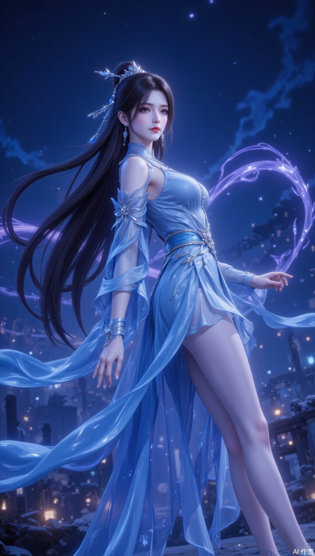 lvjing,1girl, solo, long hair, dress, jewelry, hair ornament, night, blue dress, hair bun, black hair, bare legs, earrings, dutch angle, chinese clothes, breasts,68,