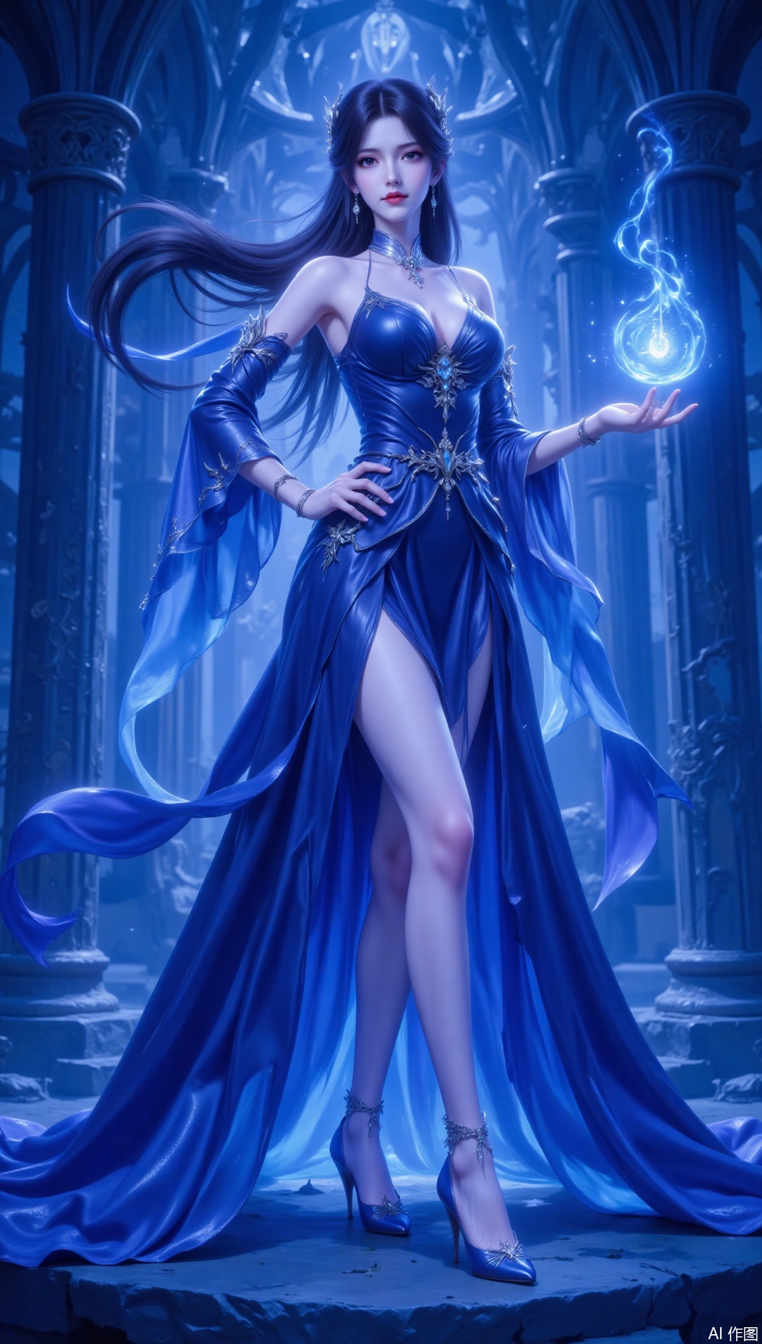lvjing,1girl, dress, solo, long hair, breasts, blue dress, detached sleeves, jewelry, black hair, full body, high heels, earrings, anklet, magic, cleavage, standing, hand on own hip, hair ornament, pillar, bare legs, bare shoulders,132,