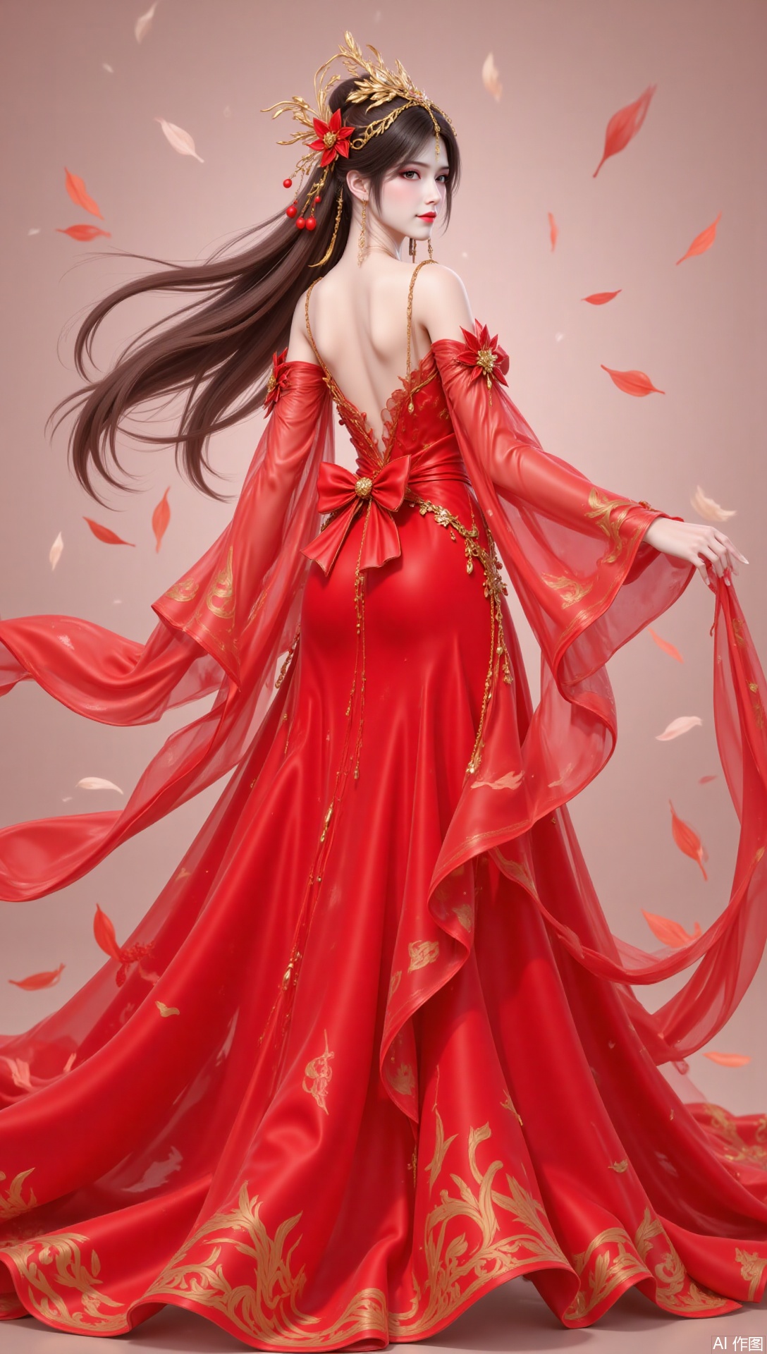 lvjing,1girl, dress, red dress, solo, hair ornament, long hair, brown hair, bare shoulders, jewelry, earrings, full body, looking back, back, facial mark, skirt hold, leaf, forehead mark, closed mouth,73,