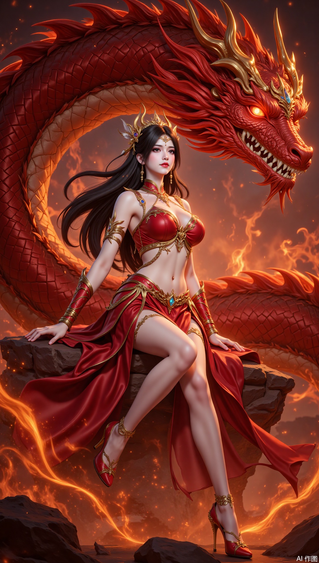 lvjing,1girl, dragon, long hair, black hair, high heels, red skirt, jewelry, embers, fire, skirt, teeth, sitting, earrings, breasts, thighlet, navel, midriff, hair ornament, solo, rock, full body, bare legs,71,