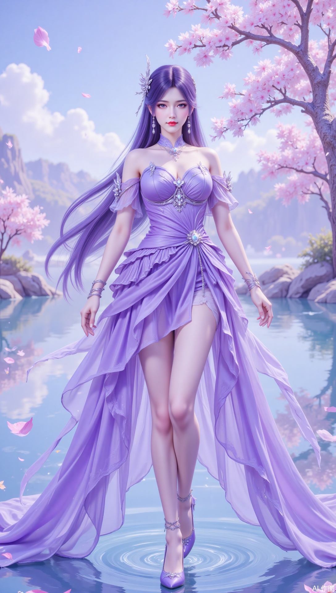 lvjing,1girl, purple dress, dress, solo, long hair, hair ornament, full body, jewelry, purple hair, sky, tree, bare legs, earrings, flower, water, high heels, bare shoulders, purple footwear, looking at viewer, breasts, purple eyes, anklet, cloud, outdoors, blue sky, falling petals, closed mouth, petals,116,