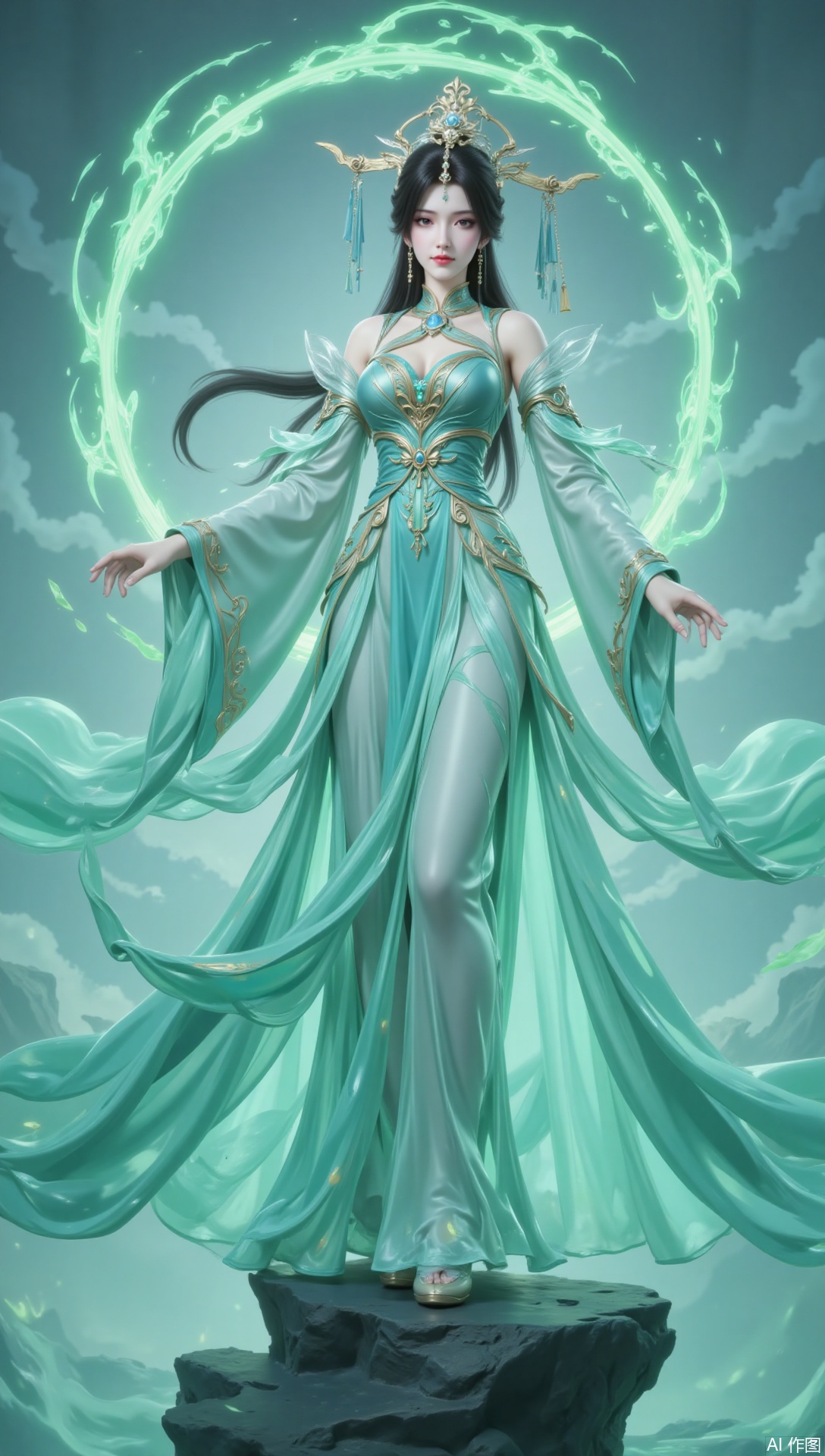 lvjing,1girl, black hair, solo, forehead mark, dress, hair ornament, long hair, full body, jewelry, facial mark, green dress, chinese clothes, earrings, detached sleeves, rock,101,