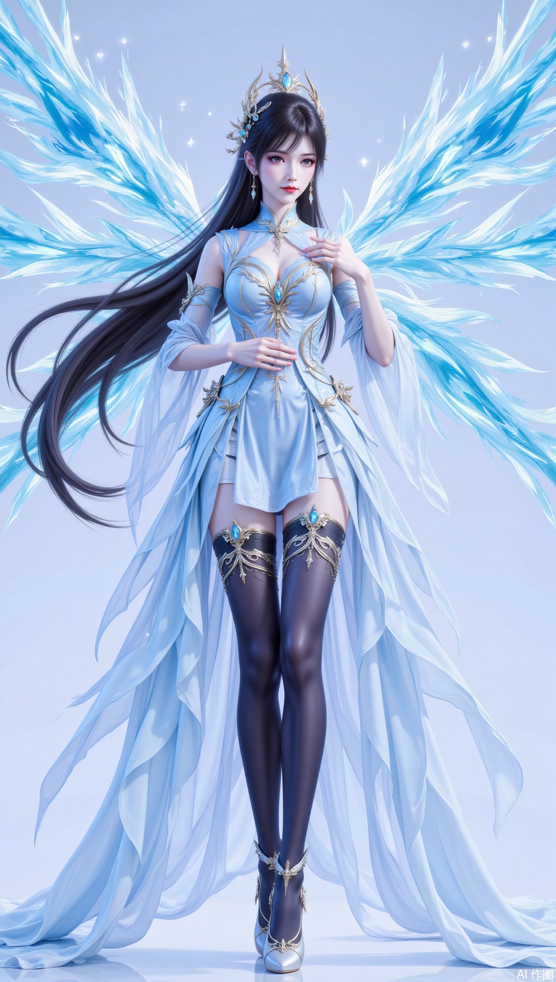 lvjing,1girl, thighhighs, black hair, jewelry, dress, long hair, full body, wings, hair ornament, solo, black thighhighs, earrings, blue dress, blue eyes, hand on own chest, dragon, white dress,129,