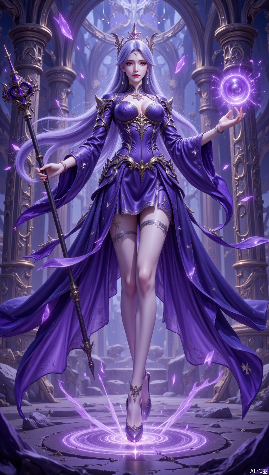 lvjing,1girl, solo, breasts, long hair, dress, high heels, holding, purple dress, staff, full body, holding staff, large breasts, jewelry, pillar, hair ornament, looking at viewer, magic, wide sleeves, purple hair, standing, floating, long sleeves, purple footwear,29