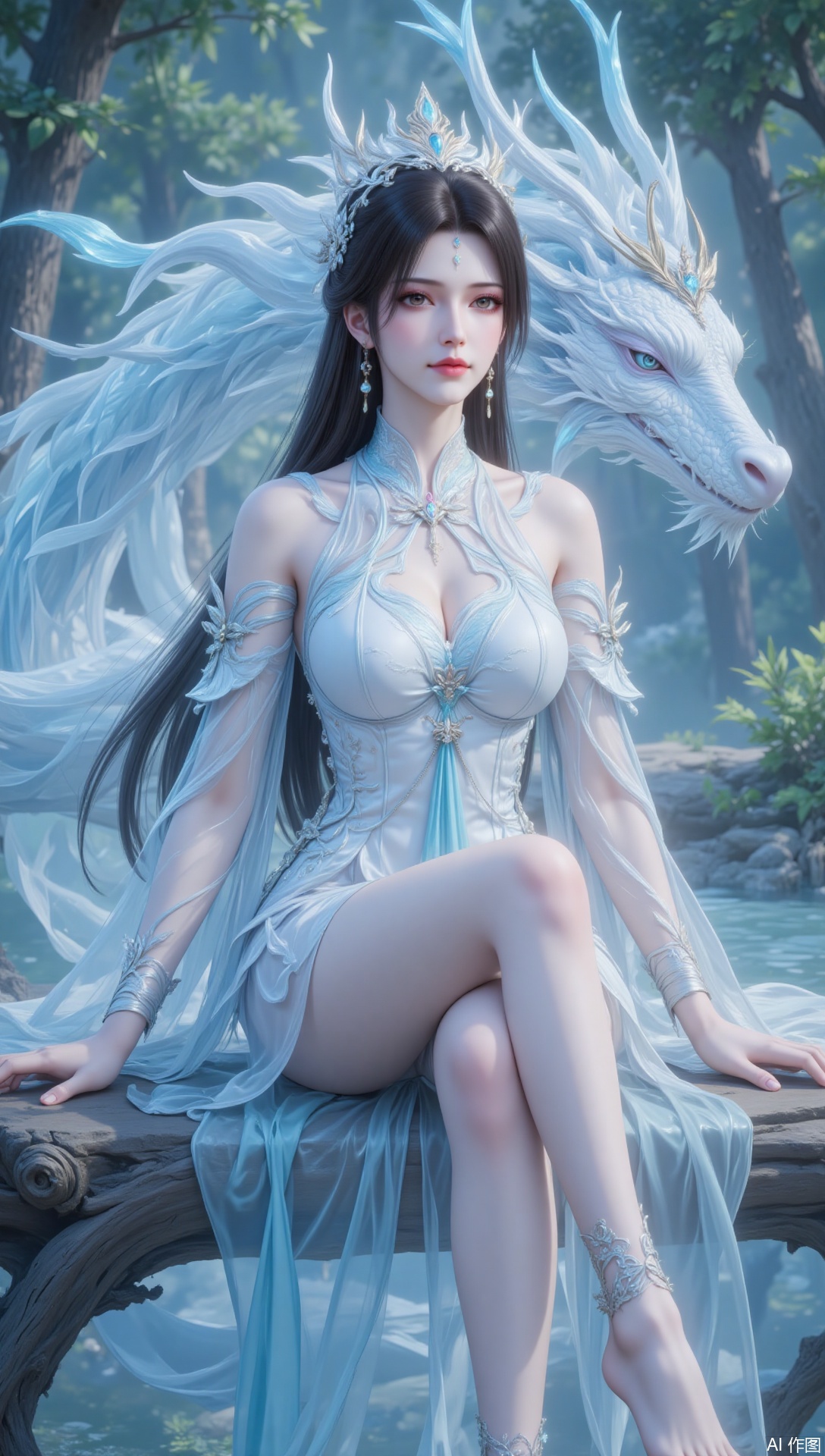 lvjing,1girl, dragon, jewelry, barefoot, dress, bare legs, white dress, long hair, black hair, clothing cutout, sitting, earrings, hair ornament, anklet, facial mark, feet, tree, shoulder cutout, forehead mark, tiara,18
