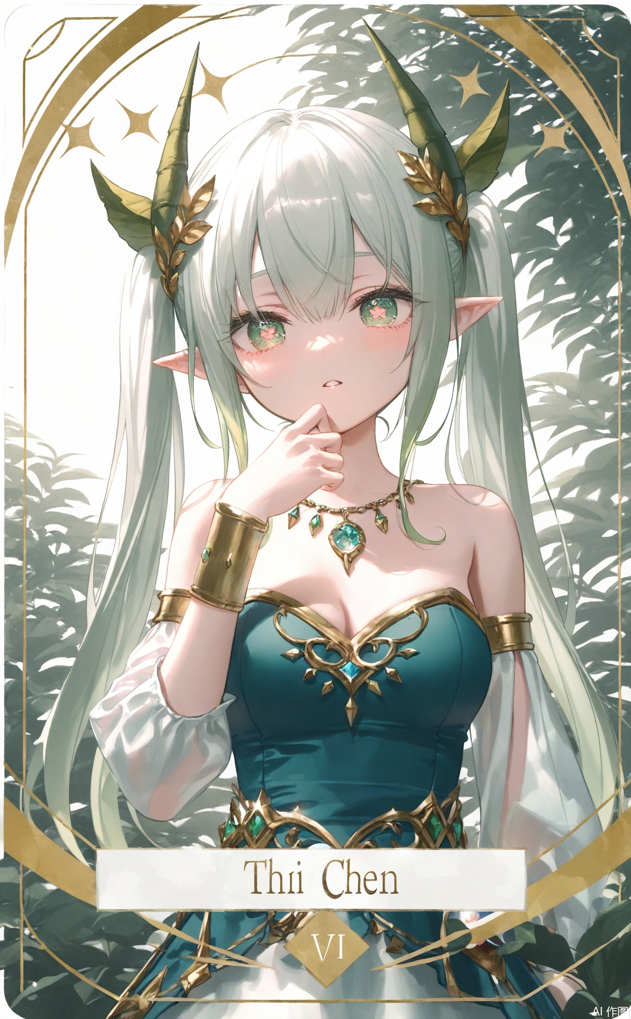 masterpiece,very aware,highres,absurdres,newest,best quality,loli,petite,high quality,chromatic_aberration,White Theme,
//,
1girl, pointy ears, green eyes, solo, green hair, long hair, bare shoulders, parted lips, green dress, dress, jewelry, hair ornament, breasts, twintails, bracelet, looking at viewer, detached sleeves, upper body, large breasts, horns, strapless dress, leaf hair ornament, strapless, symbol-shaped pupils, orb, card (medium), hand up, sidelocks, necklace, tarot, blush
//,
photorealistic,Artist:na-ga,(quasarcake:0.2),(wanke:0.9),[Artist:chen bin],Artist:tidsean,[Artist:sk (askzy)],(artist:tokkyu:0.5),(artist:momoko (momopoco):0.5),Artist:himitsu_(hi_mi_tsu_2),