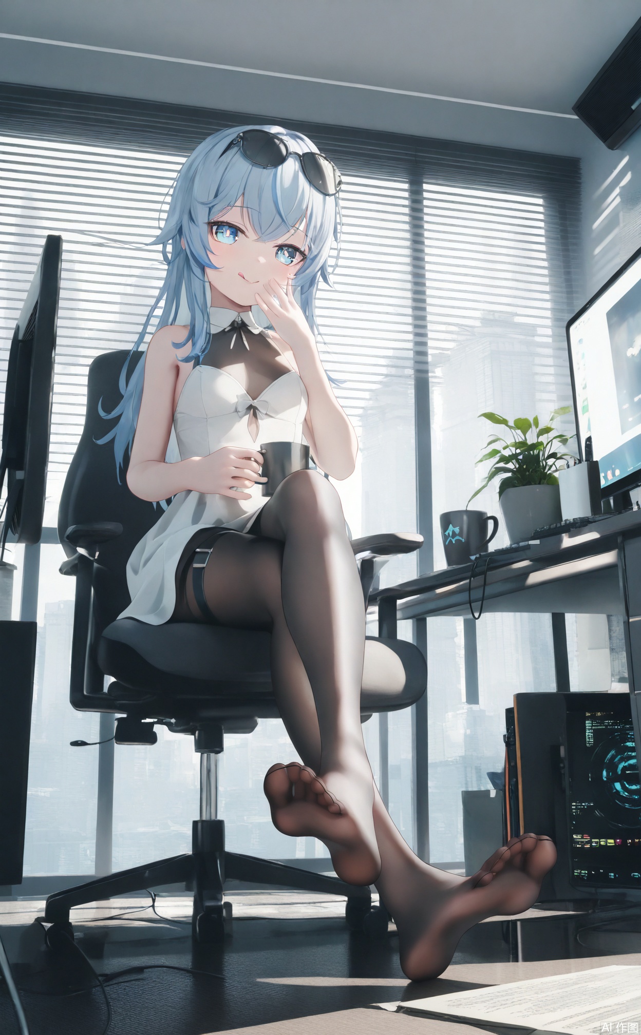masterpiece,very aware,highres,absurdres,newest,best quality,loli,petite,high quality,chromatic_aberration,White Theme,
//,
window_blinds, 1girl, solo, blue_eyes, blue_hair, feet, crossed_legs, monitor, breasts, pantyhose, indoors, cup, lamp, no_shoes, legs, desk, long_hair, toes, computer, tongue_out, potted_plant, swivel_chair, tongue, looking_at_viewer, desk_lamp, chair, window, soles, plant, phone, thigh_strap, full_body, :q, eyewear_on_head, office, sitting, office_chair, black_pantyhose, large_breasts, tablet_pc, keyboard_\(computer\), cellphone, mug, clock, dress, smile, smartphone, bare_shoulders, coffee_mug, on_chair, hand_on_own_face, white_dress, closed_mouth