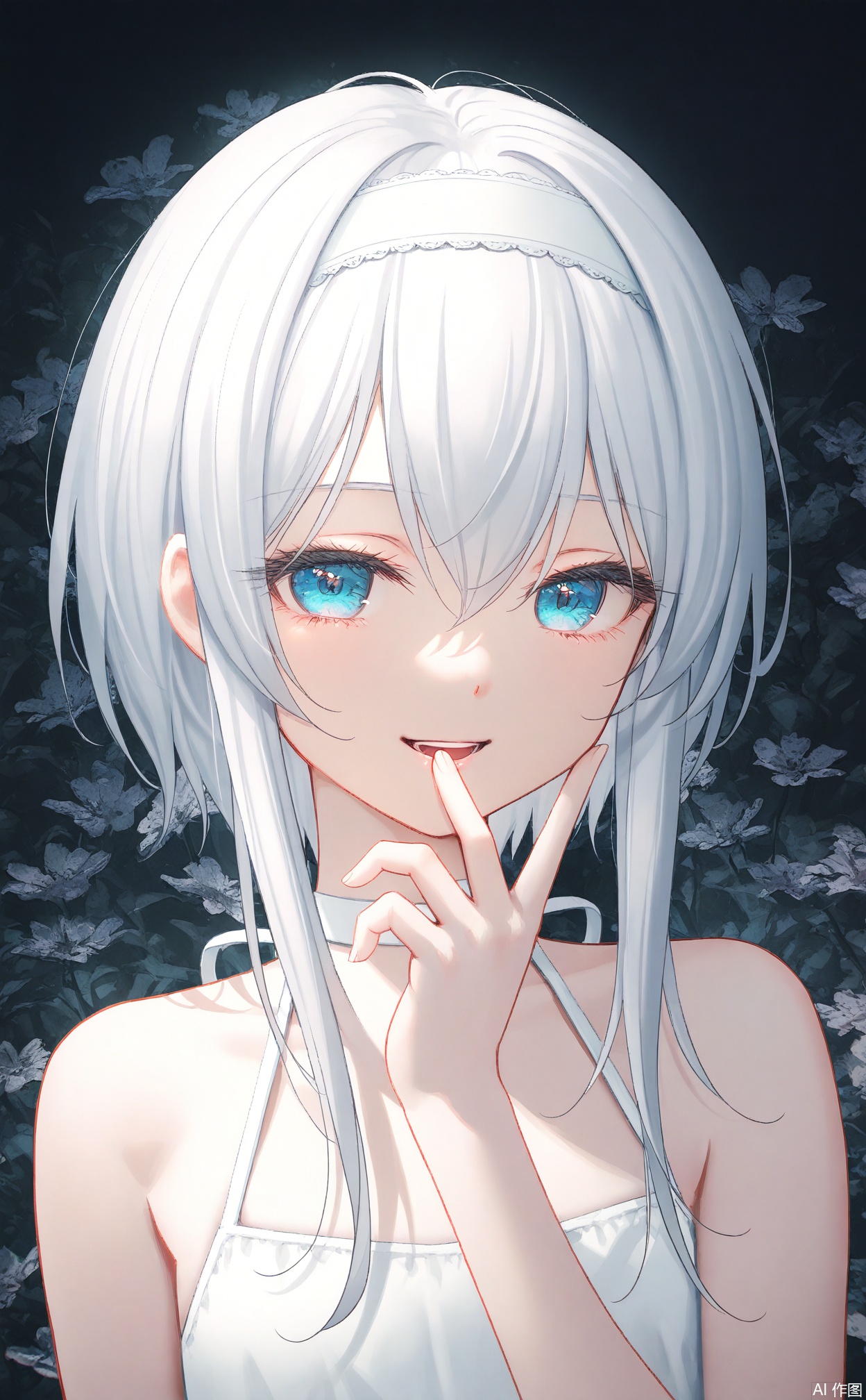 masterpiece,very aware,highres,absurdres,newest,best quality,loli,petite,high quality,chromatic_aberration,White Theme,
//,
1girl,solo,blue_eyes,looking_at_viewer,white_hairband,smile,bare_shoulders,hairband,hair_between_eyes,white_hair,closed_mouth,short_hair_with_long_locks,dress,portrait,upper_body,long_hair,halterneck,white_dress,hand_up,
//,
photorealistic,Artist:na-ga,(quasarcake:0.2),(wanke:0.9),[Artist:chen bin],Artist:tidsean,[Artist:sk (askzy)],(artist:tokkyu:0.5),(artist:momoko (momopoco):0.5),Artist:himitsu_(hi_mi_tsu_2),