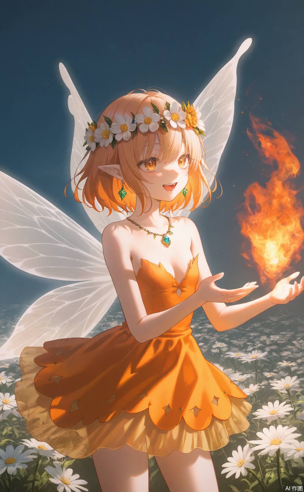 masterpiece,very aware,highres,absurdres,newest,best quality,loli,petite,high quality,chromatic_aberration,White Theme,
//,
1girl, jewelry, fairy, solo, necklace, open mouth, orange eyes, breasts, pointy ears, wings, flower, fairy wings, orange dress, cleavage, dress, head wreath, earrings, short hair, fire, smile, bare shoulders, orange hair, strapless, small breasts, white flower, strapless dress, yellow eyes, teeth, hair flower, :d
//,
photorealistic,Artist:na-ga,(quasarcake:0.2),(wanke:0.9),[Artist:chen bin],Artist:tidsean,[Artist:sk (askzy)],(artist:tokkyu:0.5),(artist:momoko (momopoco):0.5),Artist:himitsu_(hi_mi_tsu_2),