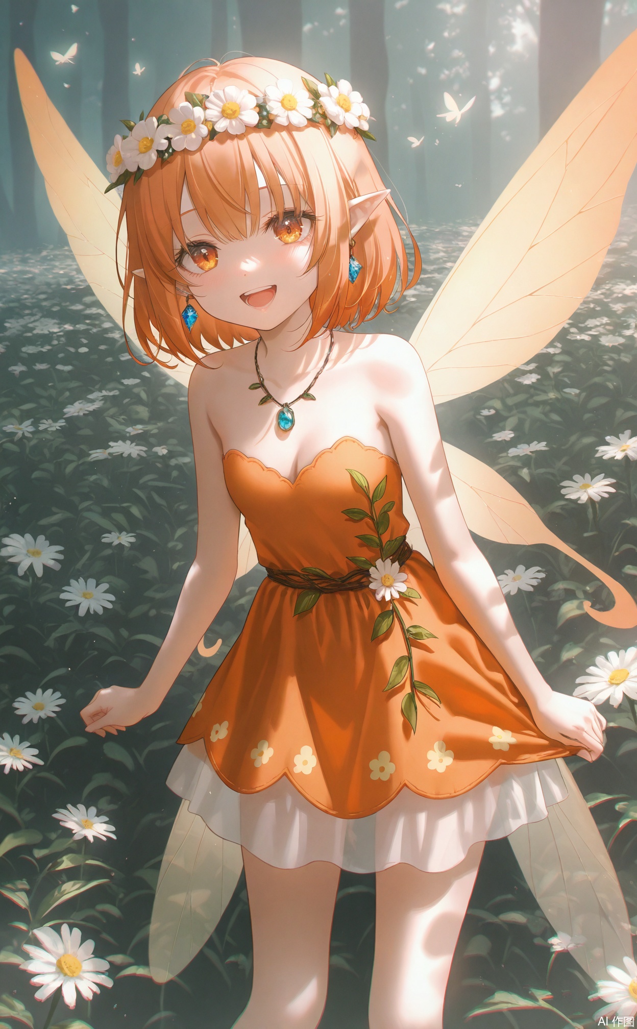 masterpiece,very aware,highres,absurdres,newest,best quality,loli,petite,high quality,chromatic_aberration,White Theme,
//,
1girl, jewelry, fairy, solo, necklace, open mouth, orange eyes, breasts, pointy ears, wings, flower, fairy wings, orange dress, cleavage, dress, head wreath, earrings, short hair, fire, smile, bare shoulders, orange hair, strapless, small breasts, white flower, strapless dress, yellow eyes, teeth, hair flower, :d
//,
photorealistic,Artist:na-ga,(quasarcake:0.2),(wanke:0.9),[Artist:chen bin],Artist:tidsean,[Artist:sk (askzy)],(artist:tokkyu:0.5),(artist:momoko (momopoco):0.5),Artist:himitsu_(hi_mi_tsu_2),