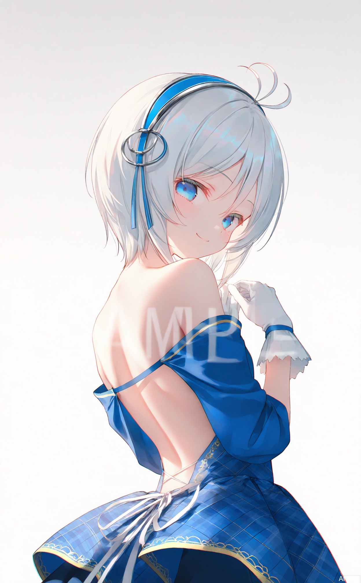 masterpiece,very aware,highres,absurdres,newest,best quality,loli,petite,high quality,chromatic_aberration,
//,
siro (dennou shoujo youtuber siro), virtual youtuber, 1girl, solo, gloves, white hair, blue eyes, white background, dress, watermark, white gloves, looking at viewer, simple background, backless outfit, looking back, from behind, smile, sample watermark, short hair, closed mouth, plaid, hands up, backless dress, bare shoulders, back, bare back, blue dress, skirt, cowboy shot
//,
[artist:void 0],(artist:kayjae:0.7),(iris-san:0.5),[artist:himitsu (hi mi tsu 2)],year 2024,(Artist:rurudo:0.7),(wanke:0.6),(Artist:na-ga:0.33),