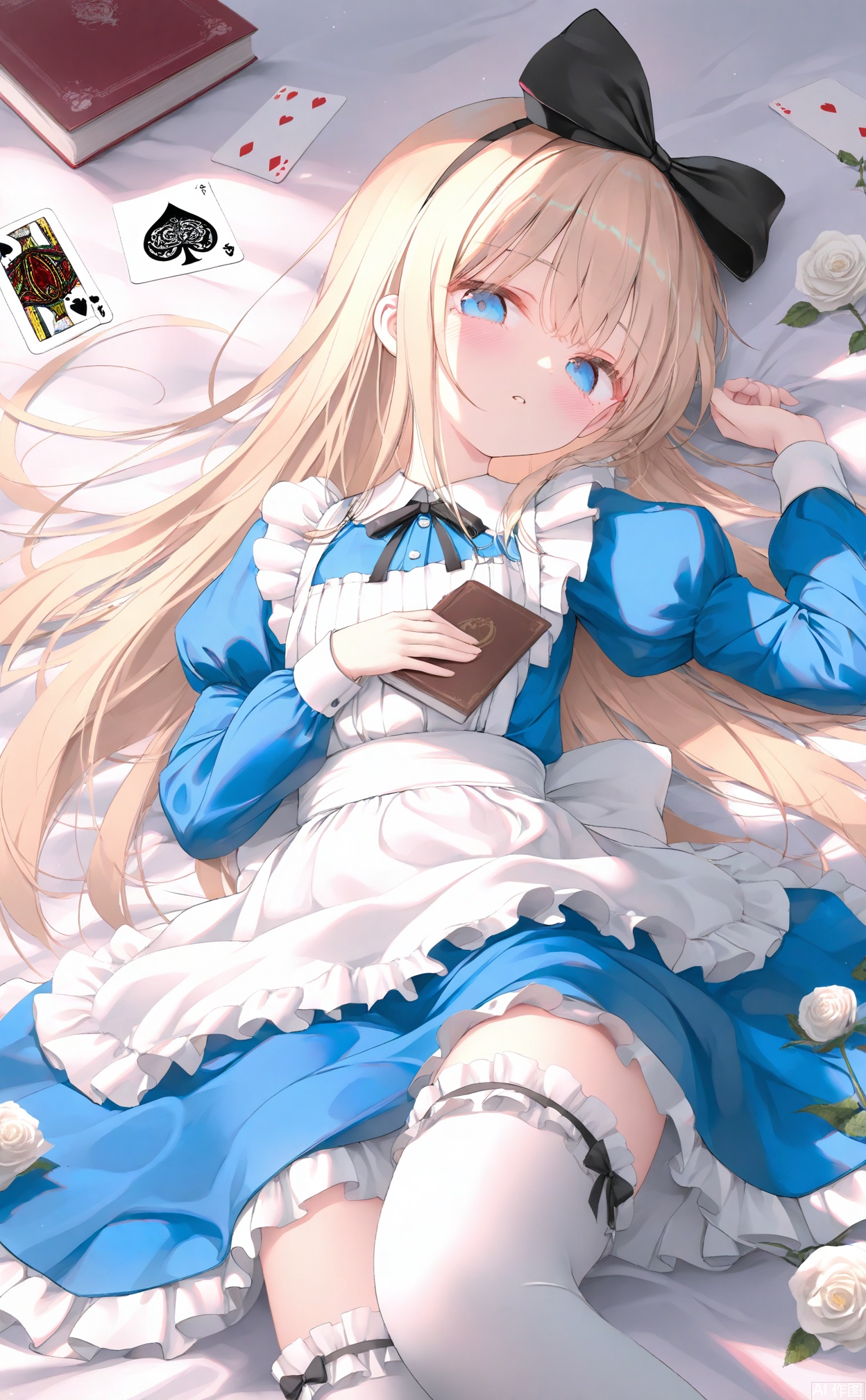 masterpiece,very aware,highres,absurdres,newest,best quality,loli,petite,high quality,chromatic_aberration,
//,
1girl,solo,blonde hair,long hair,dress,thighhighs,white flower,frills,long sleeves,white rose,card,apron,flower,blue dress,alice (alice in wonderland),holding,playing card,bow,puffy sleeves,juliet sleeves,rose,white apron,parted lips,frilled apron,white thighhighs,blue eyes,hair bow,looking at viewer,book,frilled thighhighs,on back,very long hair,lying,black bow,open book,frilled dress,ace (playing card),blush,bed sheet,
//,
[artist:void 0],(artist:kayjae:0.7),(iris-san:0.5),[artist:himitsu (hi mi tsu 2)],year 2024,(Artist:rurudo:0.7),(wanke:0.6),(Artist:na-ga:0.33),