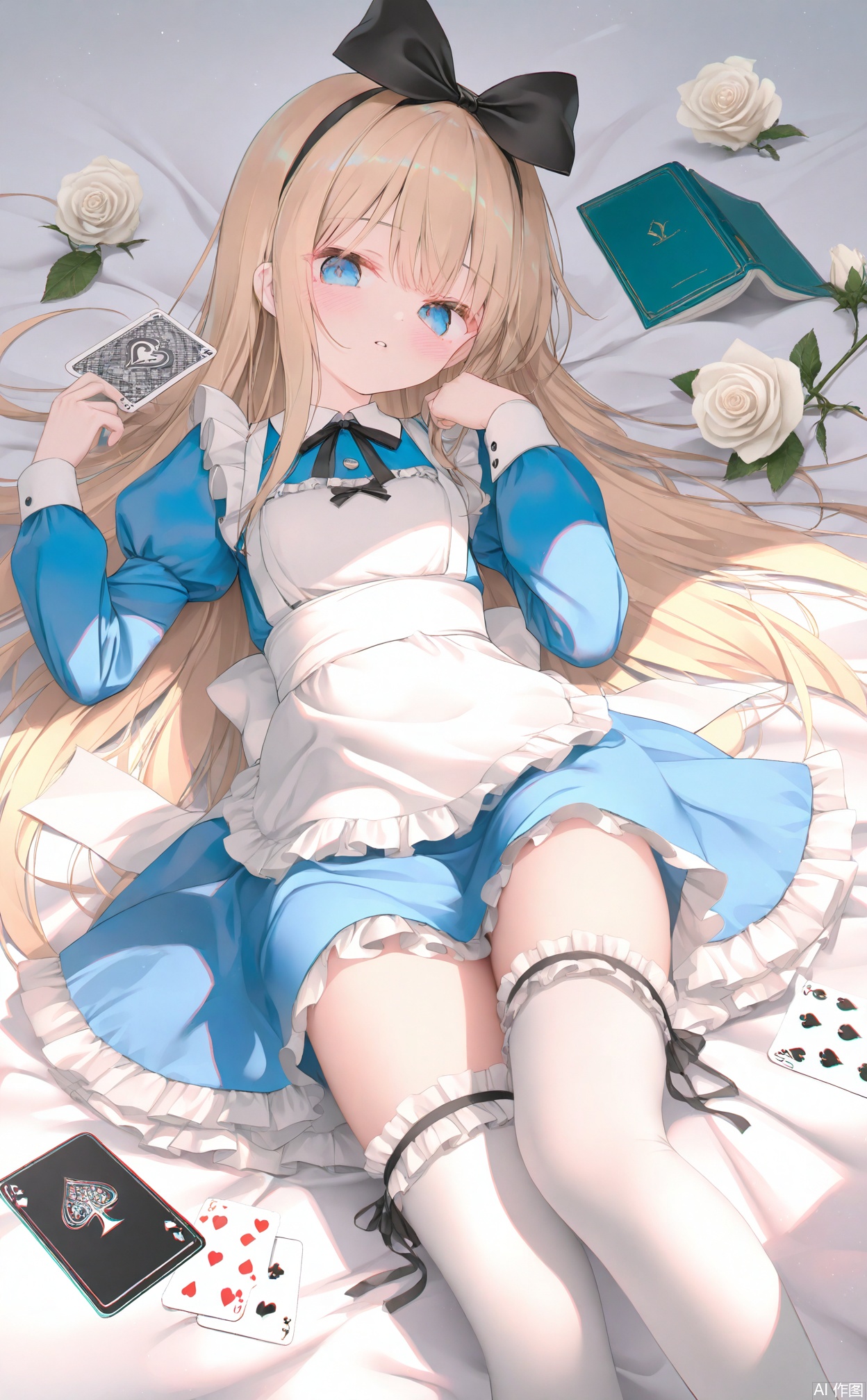 masterpiece,very aware,highres,absurdres,newest,best quality,loli,petite,high quality,chromatic_aberration,
//,
1girl,solo,blonde hair,long hair,dress,thighhighs,white flower,frills,long sleeves,white rose,card,apron,flower,blue dress,alice (alice in wonderland),holding,playing card,bow,puffy sleeves,juliet sleeves,rose,white apron,parted lips,frilled apron,white thighhighs,blue eyes,hair bow,looking at viewer,book,frilled thighhighs,on back,very long hair,lying,black bow,open book,frilled dress,ace (playing card),blush,bed sheet,
//,
[artist:void 0],(artist:kayjae:0.7),(iris-san:0.5),[artist:himitsu (hi mi tsu 2)],year 2024,(Artist:rurudo:0.7),(wanke:0.6),(Artist:na-ga:0.33),