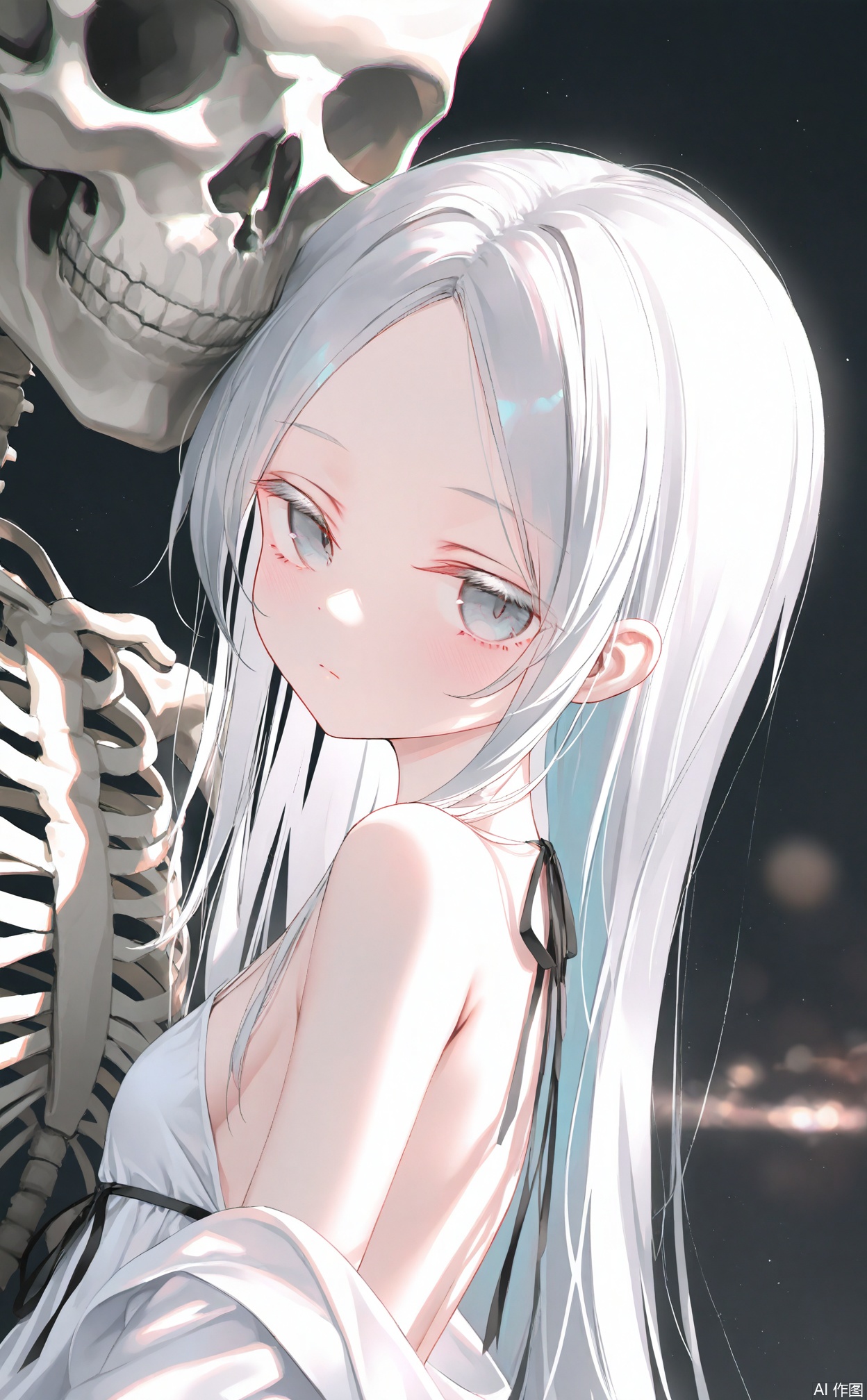 masterpiece,very aware,highres,absurdres,newest,best quality,loli,petite,high quality,chromatic_aberration,
//,
1girl,long hair,solo,grey eyes,skeleton,bare shoulders,dress,white dress,upper body,blurry,bone,spine,black ribbon,white hair,closed mouth,blurry background,ribbon,looking at viewer,parted bangs,multicolored hair,backless outfit,off shoulder,from side,shadow,expressionless,forehead,backless dress,
//,
[artist:void 0],(artist:kayjae:0.7),(iris-san:0.5),[artist:himitsu (hi mi tsu 2)],year 2024,(Artist:rurudo:0.7),(wanke:0.6),(Artist:na-ga:0.33),