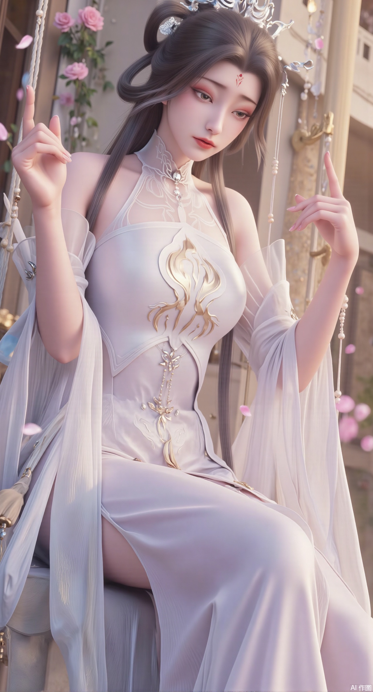 (masterpiece:1.2),best quality,(UE5.5,rendered with Unreal Engine 5,Unreal Engine 5,CG rendering:1.1),A flower courtesan wearing a jadeite hair crown dons a moon-white bellyband embroidered with grape vine patterns, paired with a light purple wide-sleeved ruqun. Sitting on a swing surrounded by blooming flowers, she plays the zheng. As she plucks the strings, falling pear blossoms dance with the musical notes. Behind her, a courtyard wall is covered with climbing roses, and sunlight rims her figure with gold. Transparent texture of jadeite, draping effect of silk, detailed strings of the zheng, falling petal trajectories, bright and soft color tones, 8K resolution, fine dynamic rendering, romantic spring atmosphere.,(huge breasts:2.99),(full breasts:2.99),,Xmoxionghanfu,XluxueqiXY2,Xyaoyuexianzi,Xyuyuanchuyu2,Xfenhanfududou,XtianhuxiaobaiX