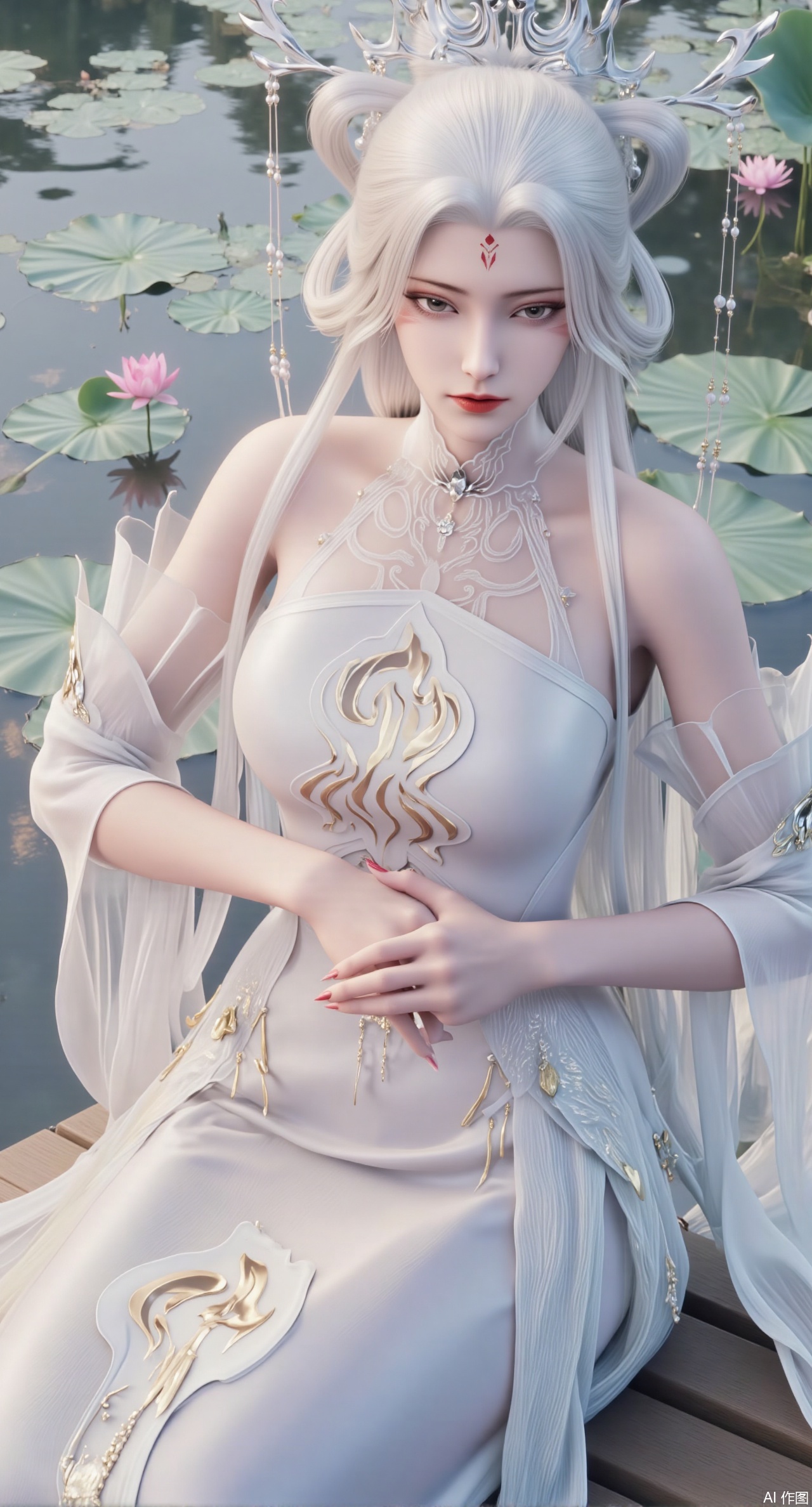 (masterpiece:1.2),best quality,(UE5.5,rendered with Unreal Engine 5,Unreal Engine 5,CG rendering:1.1), An elegant beauty dons a lotus-pink quju dress embroidered with twin lotus flowers, draped in a light blue sheer shawl. Sitting on a wooden platform by the water, she plays the guqin. Her reflection shimmers on the water below, and behind her lies a lotus pond in full bloom. Morning light gilds her hair. Fine embroidery stitches, refractive effect of translucent fabric, ripples and reflections on the water, soft morning light diffusion, draping effect of silk fabric, Chinese-style illustration style.,(huge breasts:2.99), (full breasts:2.99),,Xmoxionghanfu,XluxueqiXY2,Xyaoyuexianzi,Xyuyuanchuyu2,Xfenhanfududou,XtianhuxiaobaiX